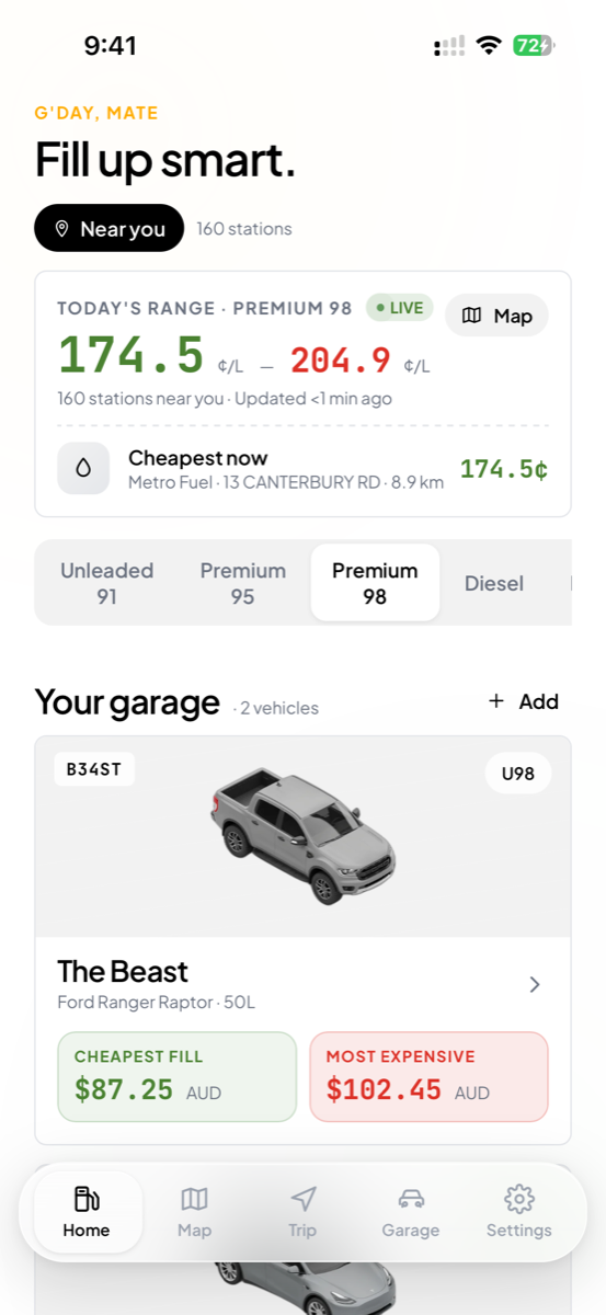 FillSmart home screen showing live fuel prices near you