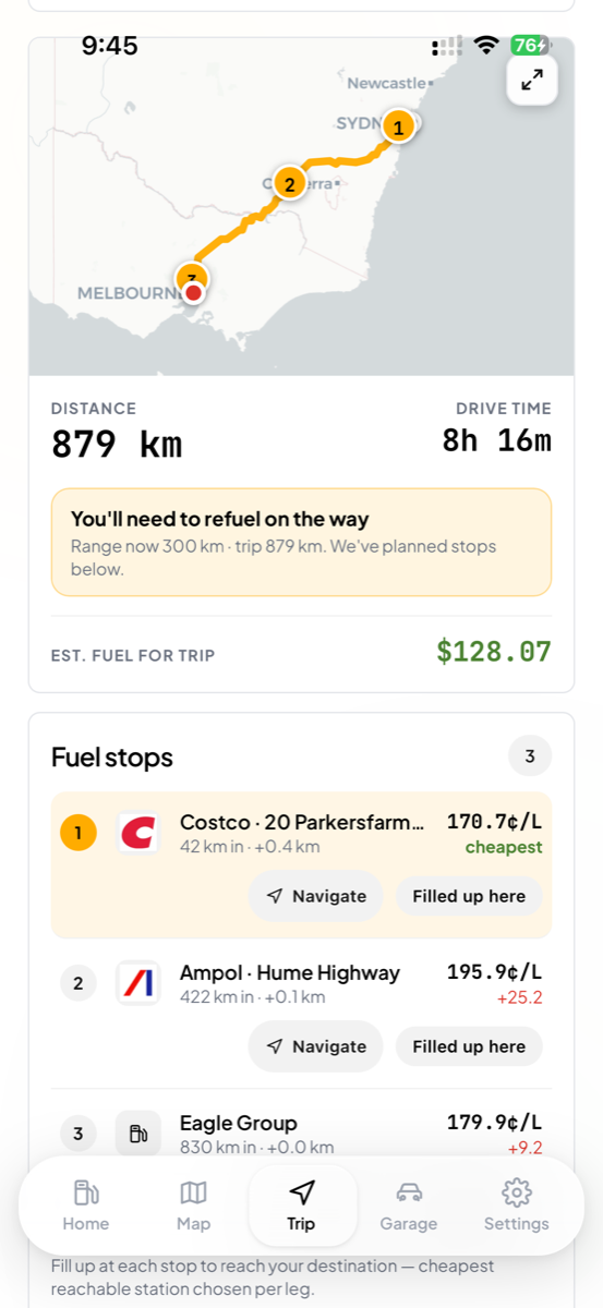 Trip planner with refuel stops along your route